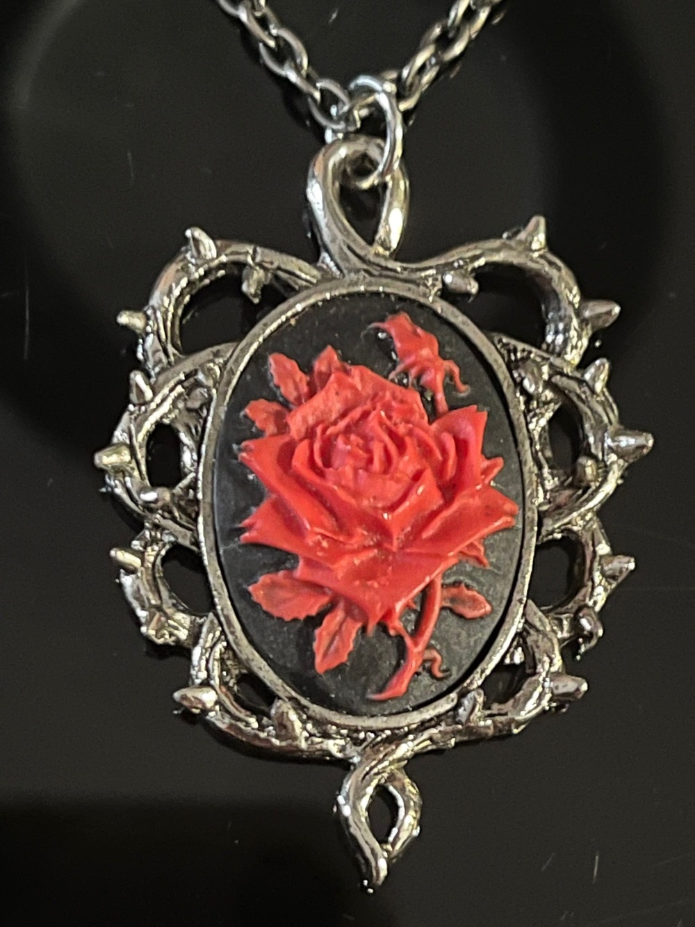 Necklace rose black background signature piece with 20" chain goth whimsical